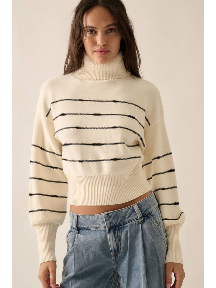 Promesa USA - Wholesale Knit Sweater - Women's - Striped Knit Banded-Hem Cropped Turtleneck Sweater