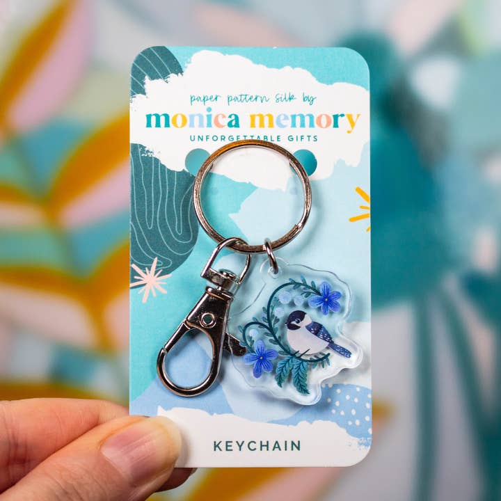 Black Capped Chickadee Keychain with Purple Violet Flower for wholesale by Paper Pattern Silk