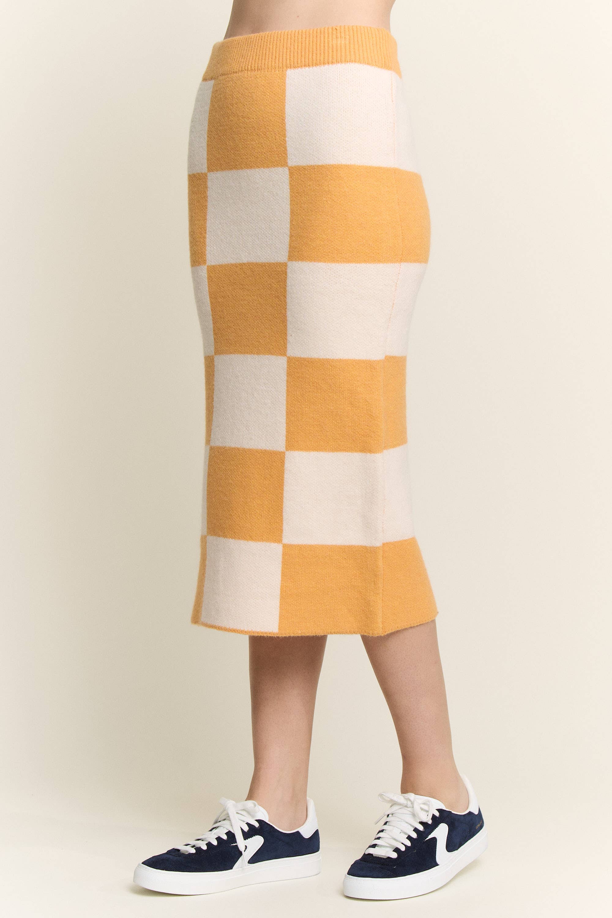 JADE BY JANE - Wholesale Skirt - Women's - BIG CHECKERED PAST KNIT PENCIL MIDI SKIRT W/ SIDE SLIT22