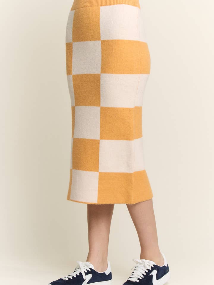 JADE BY JANE - Wholesale Skirt - Women's - BIG CHECKERED PAST KNIT PENCIL MIDI SKIRT W/ SIDE SLIT22