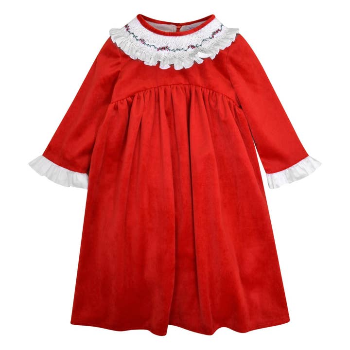 Swann, vestido com mangas 3/4 com folhos, gola com folho smock e bordado em veludo liso vermelho por atacado de Kidiwi handmade