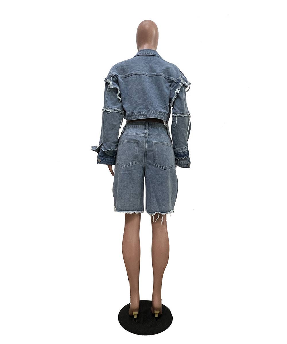 Azul Conjunto de Denim Patchwork Desgastado para venda a revendedores na Faire5