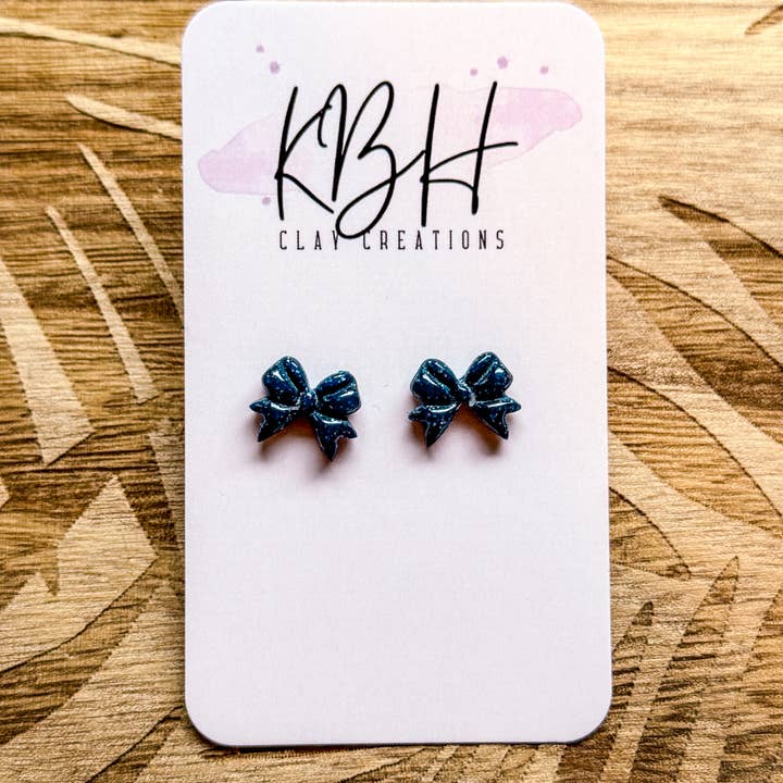 KBH CREATIONS - Wholesale Stud/Post Earrings - Glitter Navy Bow Stud Handmade Clay Earrings0