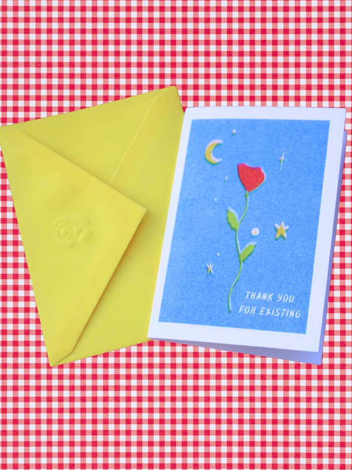 'Thank You For Existing' Red Rose Greeting Card for wholesale by Picnic Date Studio