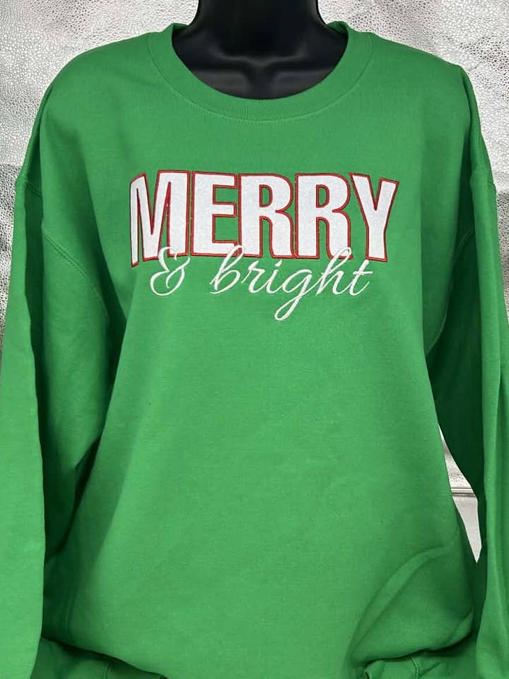 Merry & Bright Glitter Christmas/Holiday Crewneck - Green for wholesale by KDI Print & Embroidery