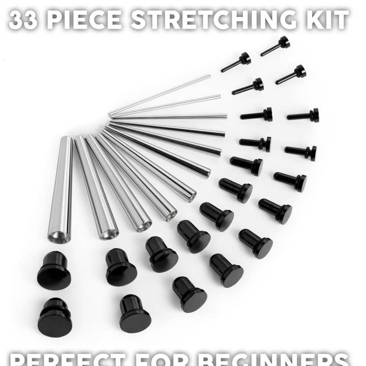 Beginners Ear Stretching Kit for Ears - 33 Piece Pack - Includes Surgical Steel Tapers & Black Steel Plug / Gauge for wholesale by Custom Plugs