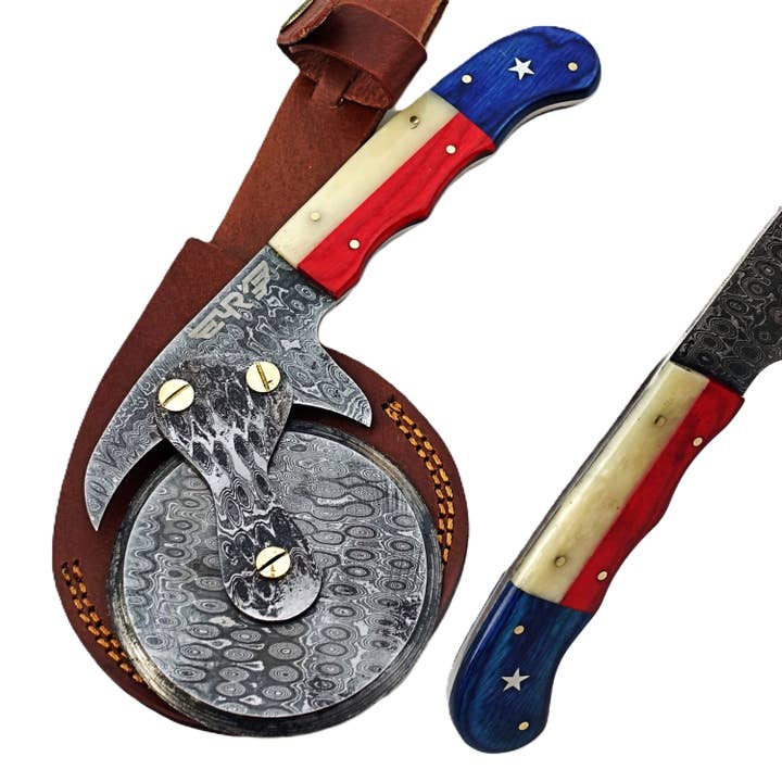 Lone Star Pizza Cutter - Hardwood & Bone - Damascus Steel for wholesale by Ruddock Bros. LLC