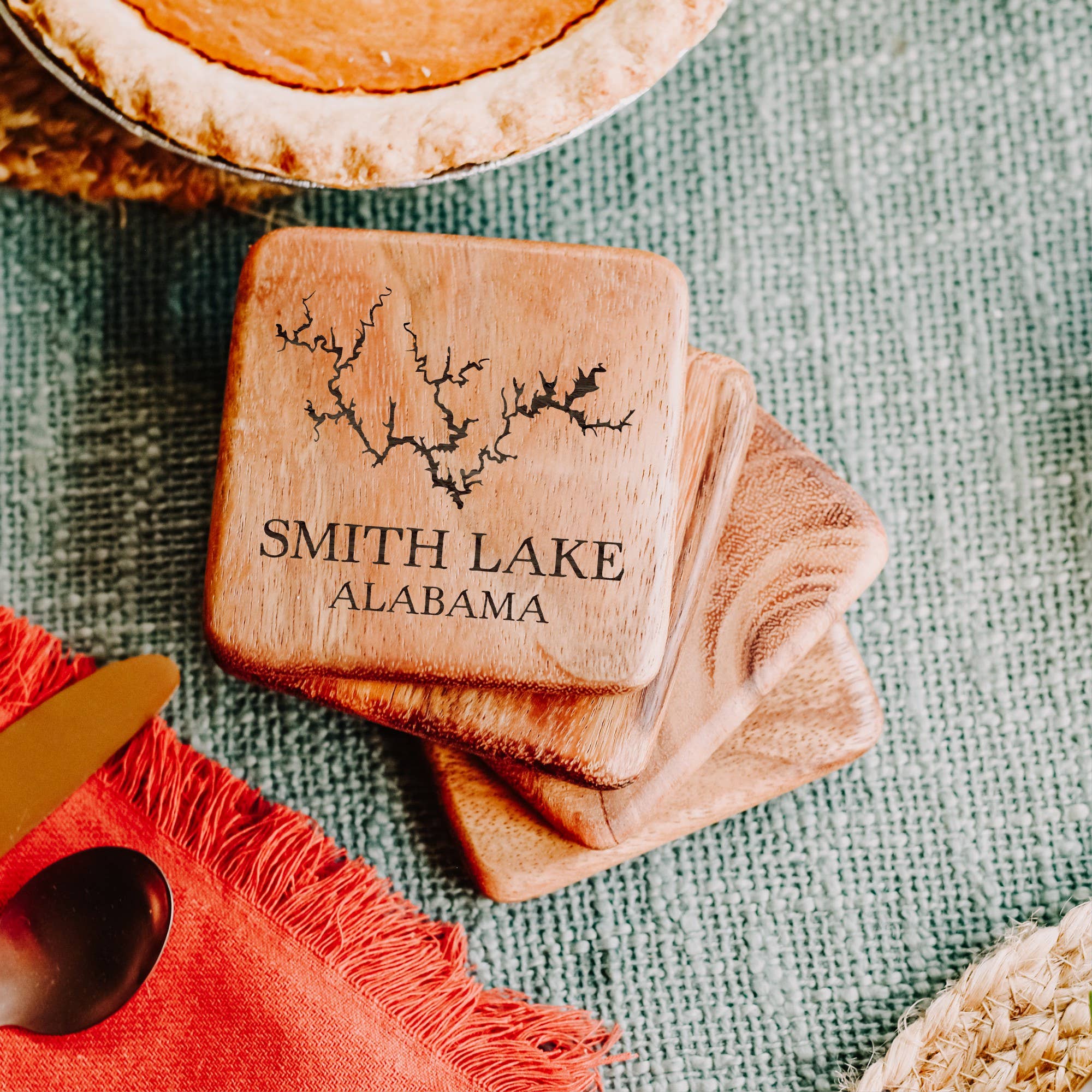 The Lillie Pad - Wholesale Coasters - Custom Lake Map Coasters - Wood Walnut Coasters Set of 4
