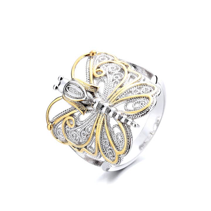 Amy and Annette 14K Gold Artisan Two-Tone Filigree Dragonfly Ring for wholesale by Amy and Annette