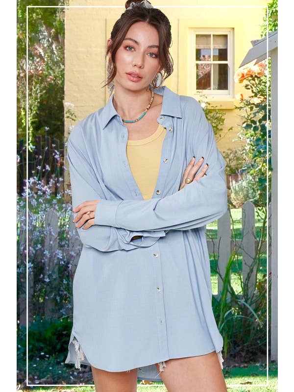 La Miel - Venta al por mayor Camisa con botones - Mujer - Camisas tipo túnica con botones y corte holgado SRT1360 con bolsillos laterales