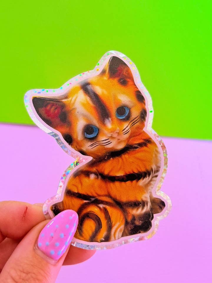 Pegatina Vintage Kitsch Gato Amarillo con Purpurina para venta al por mayor de Printed Weird