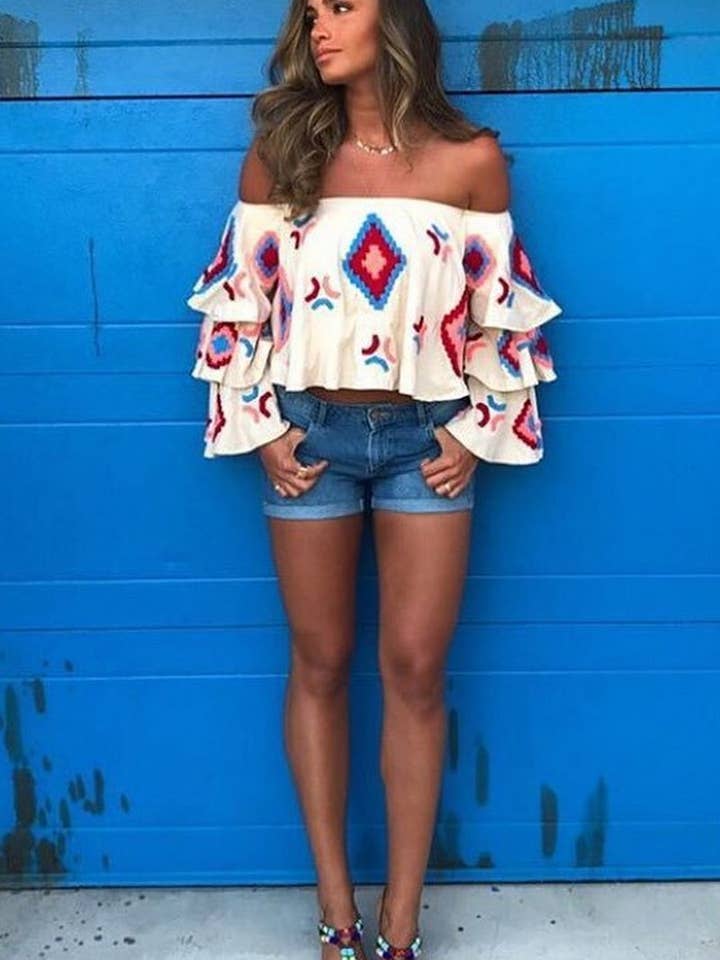 Red Boho print one-shoulder long-sleeved pullover top for wholesale on Faire5