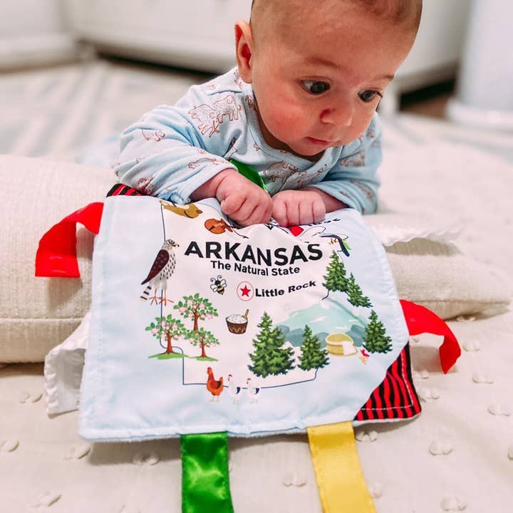 Baby Jack and Company - Wholesale Crinkle Tag Toy - Baby - Arkansas Toy Teaches State Facts Crinkle Tag Square 8"x 8"