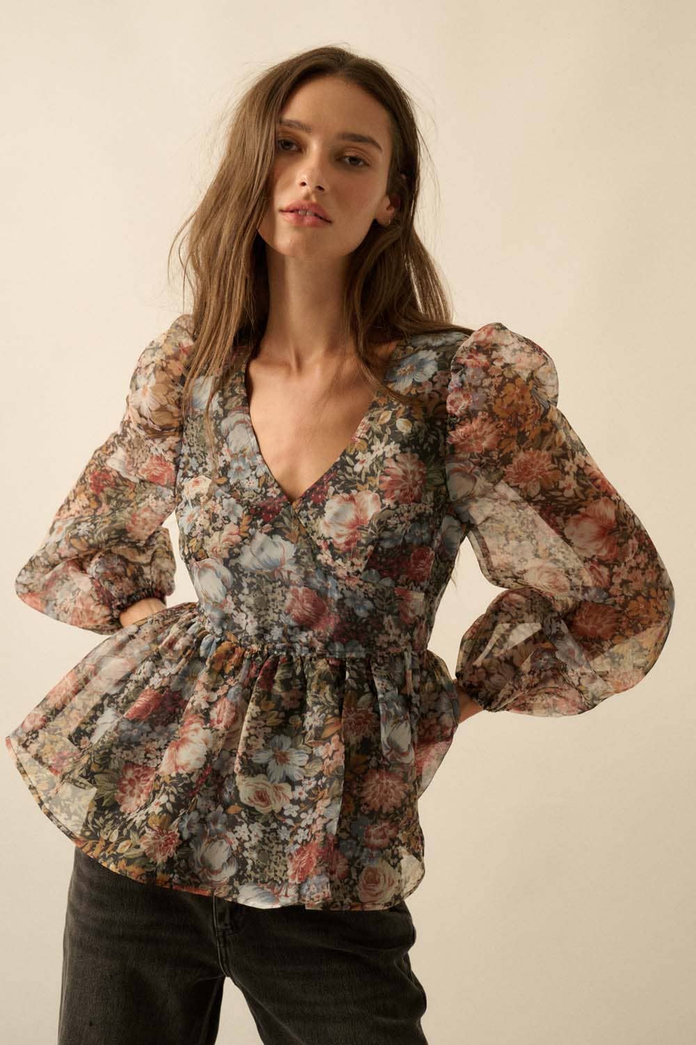 BLACK Floral-Print Organza Puff-Sleeve Peplum Top for wholesale on Faire6