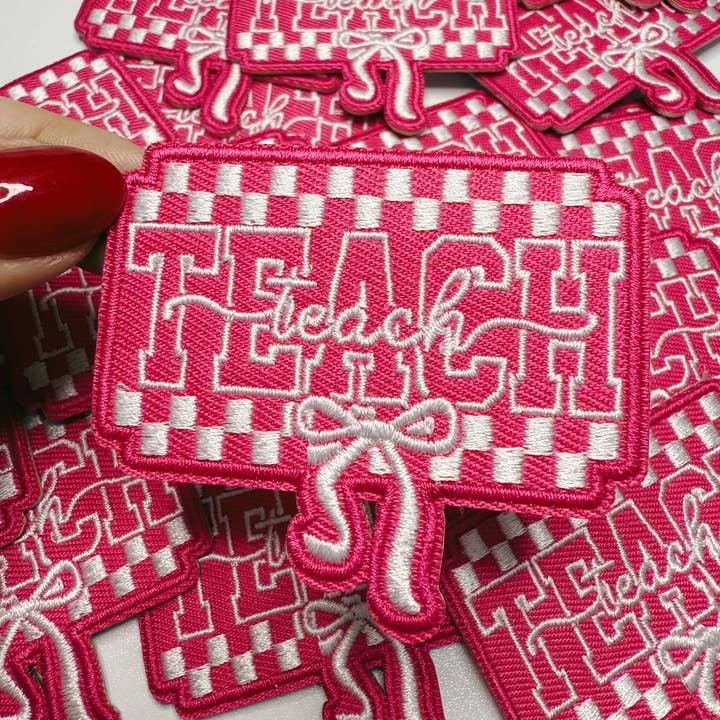 2.5" PINK TEACH w bow - Embroidered Hat Patch for wholesale by TEELUX