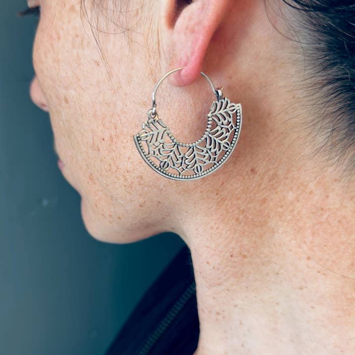 Kaali Boutique - Wholesale Hoop earrings - Ornate Silver Boho Hoop Earrings from Kaali Boutique, Small Decorative Mandala Hoops, Gift Box Option8
