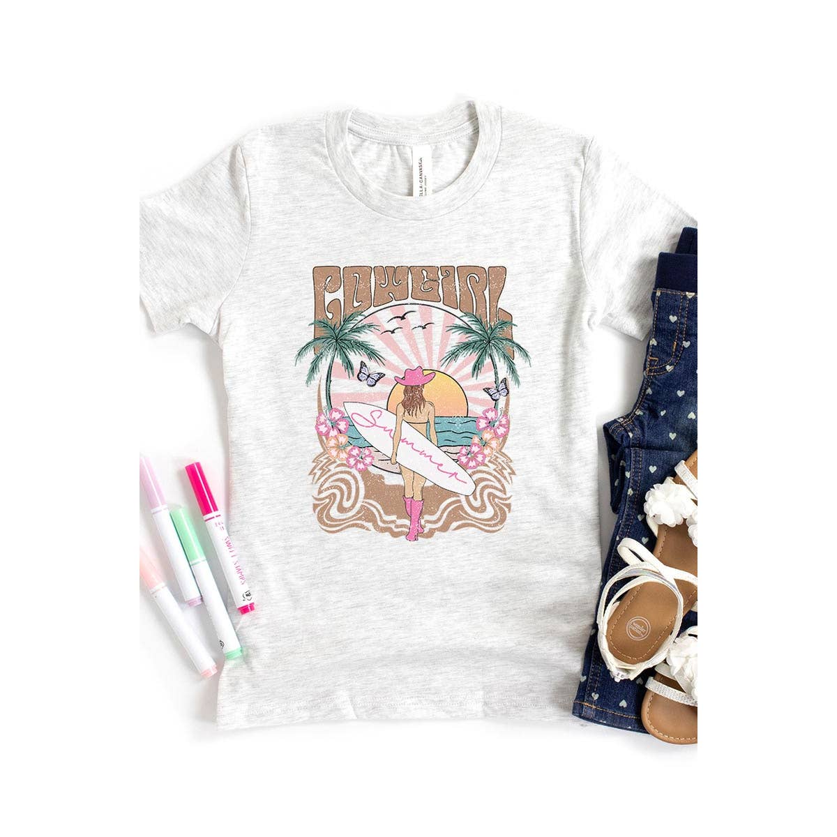 COLORBEAR - Wholesale Screen Printed T-Shirt - Kids - Western Cowgirl Surfer Beach Kids Graphic T Shirts0