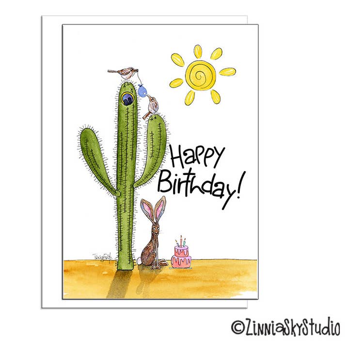 Zinnia Sky Studio LLC - Wholesale Birthday Card - Saguaro Cactus Jack Rabbit Birthday Card