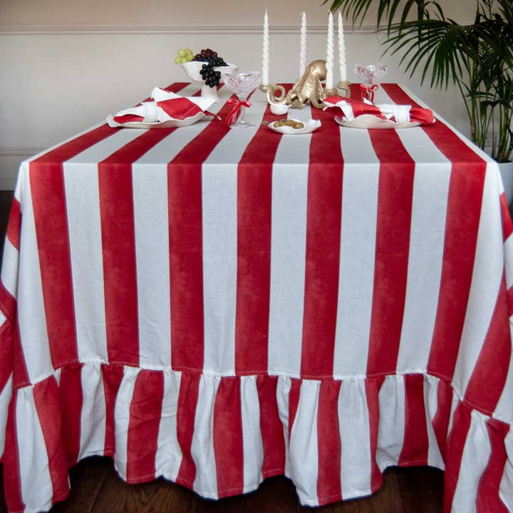 Riviera Striped Cotton Tablecloth Ruffled - Candy Cane for wholesale by Evie and Skye Limited