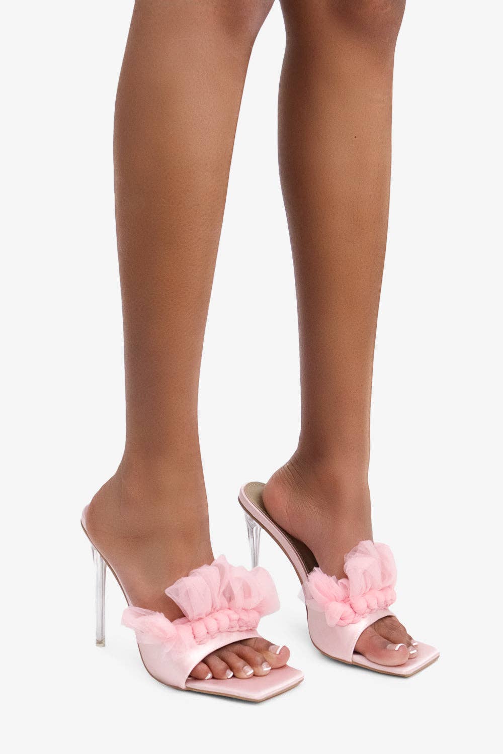 Lemonade Shoes - Wholesale High Heels - Women's - MADE YOU LOOK - Satin Ruffle Square Toe Heel, Clear Stiletto15