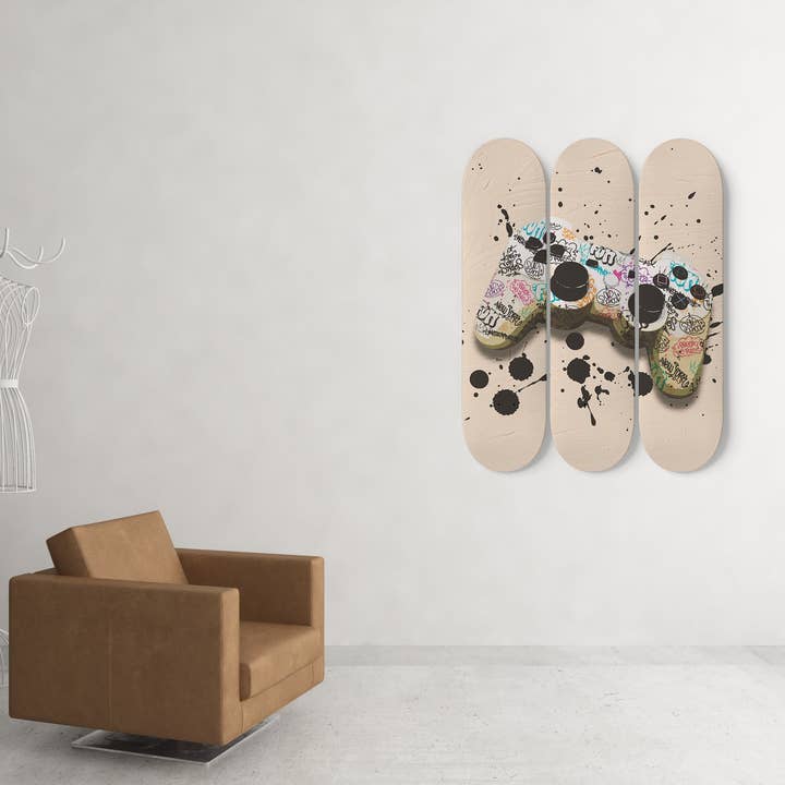 PlayStation Controller Graffiti Street Gamer Print Skateboard Wall Art Pro-Grade Maple Wood Wall Hanging for wholesale by SkateboardArtsy