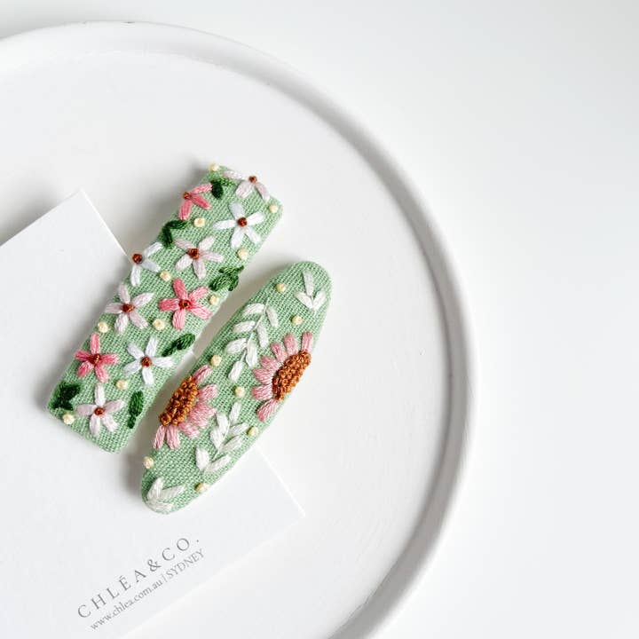 Summer Flowers | Set of 2 Embroidered Floral Hair Clips for wholesale by Chlea & Co.