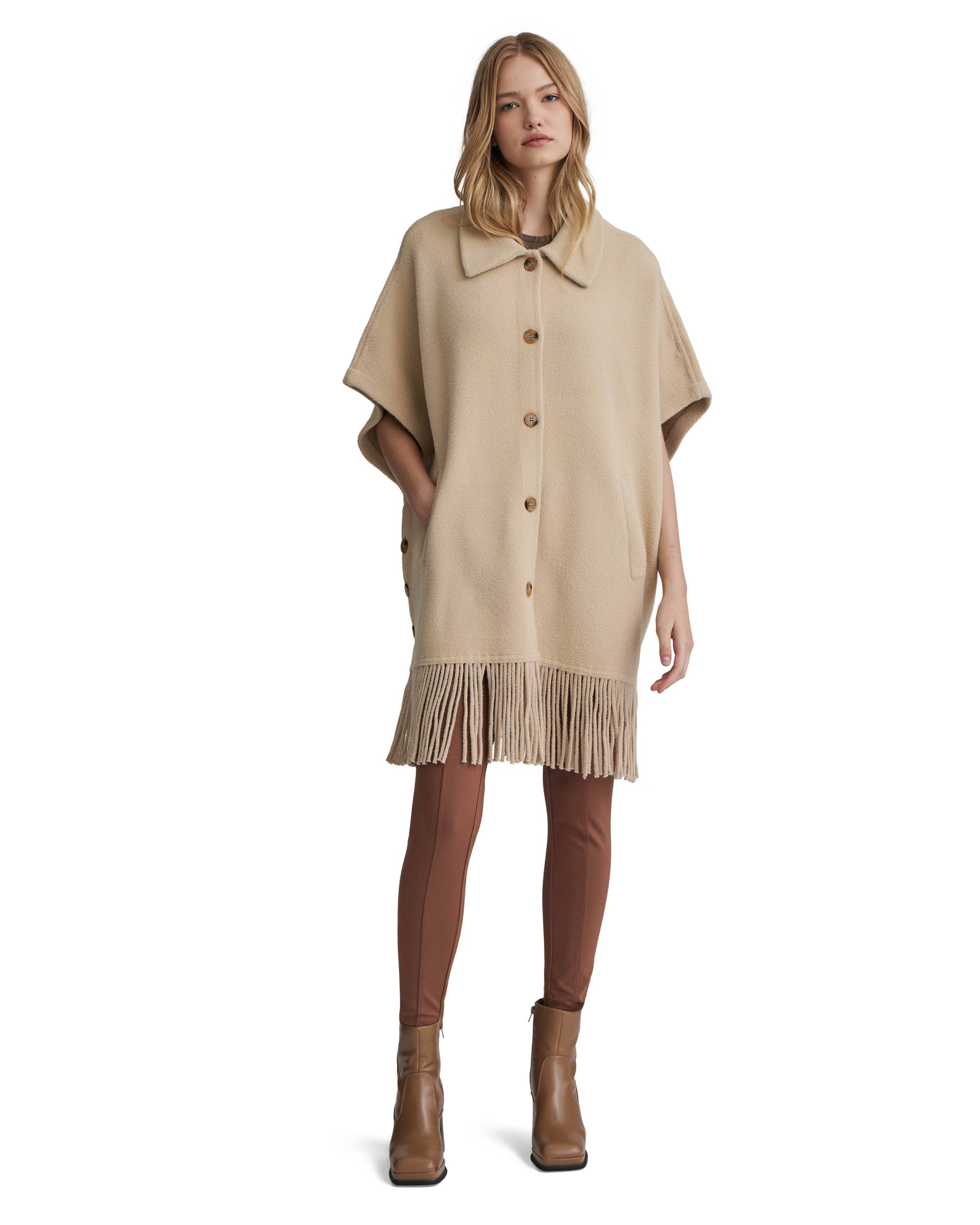 NVLT - Wholesale Coat - Women's - Y1231NVL - Fringe Hem Button Up Coatigan Cape1