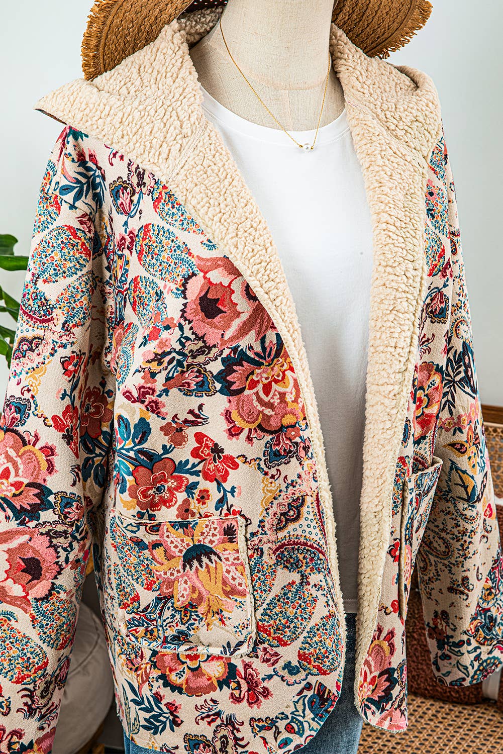 As shown Fashion-W Vintage Paisley Floral Sherpa Lined Hooded Jacket for wholesale on Faire5