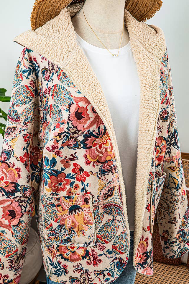 As shown Fashion-W Vintage Paisley Floral Sherpa Lined Hooded Jacket for wholesale on Faire5