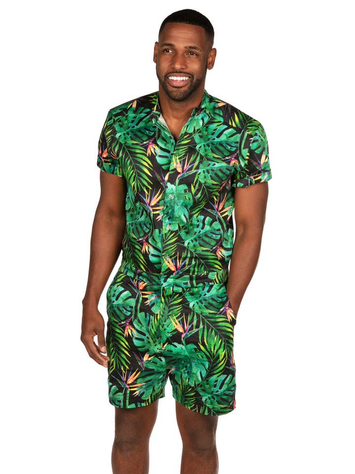 Tipsy Elves - Wholesale Onesie - Men's - Jungle Romphim - Men's One Piece Tropical Button Down Romper