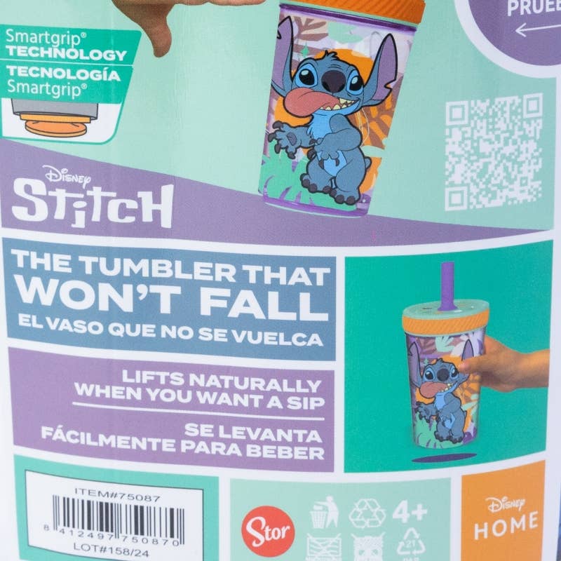 Stor - Wholesale Drinking Glass/Cup - Stor Anti-Spill PP Cup with Silicone Straw 370 ml Stitch4