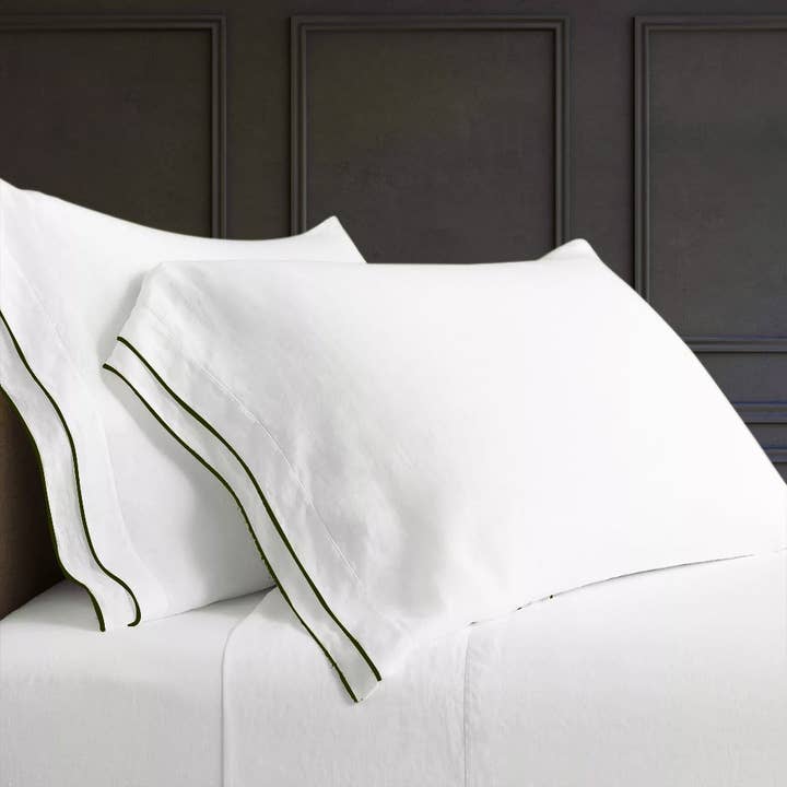 Olive Green Tipped White Linen Sheet Set for wholesale by Bedlam