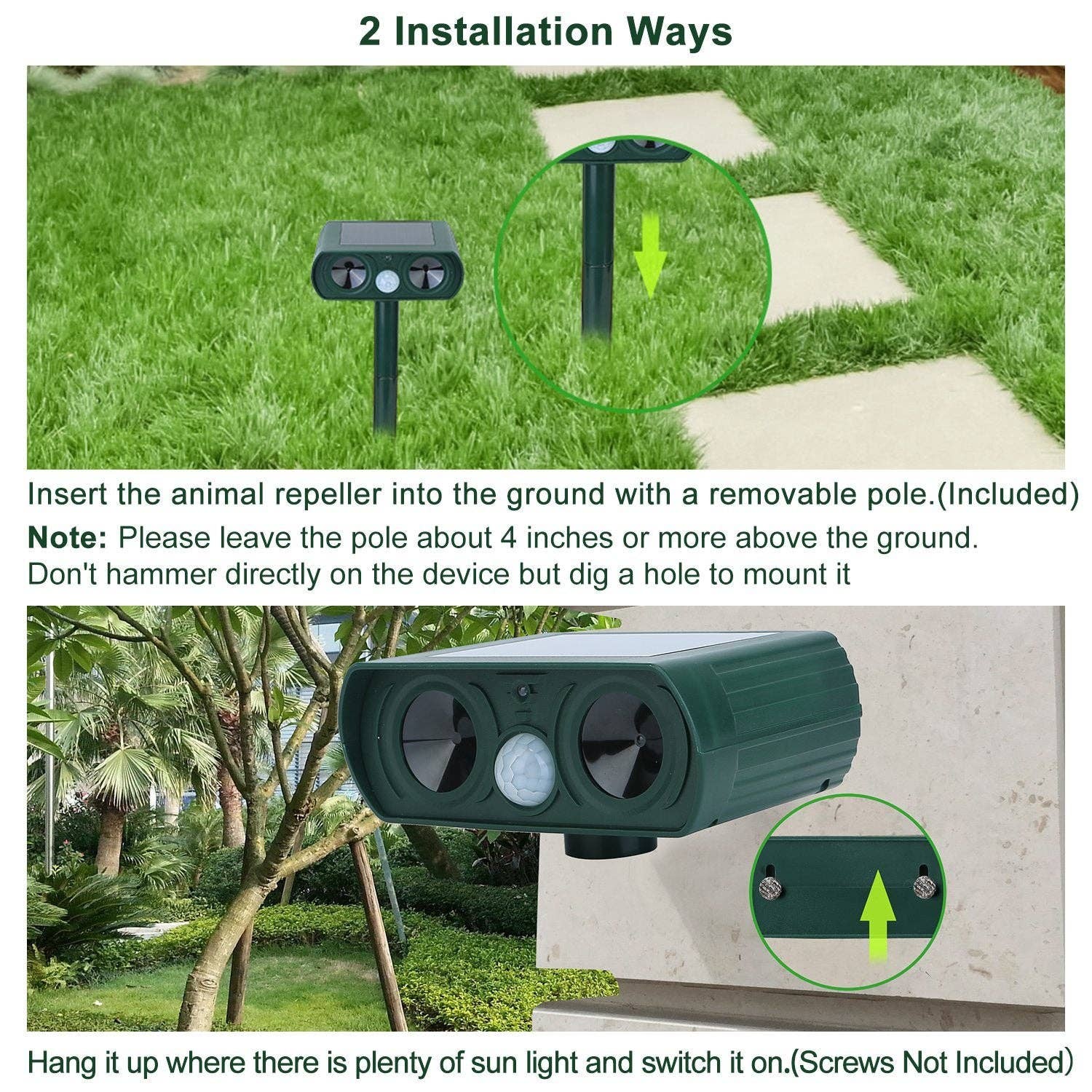 Green Ultrasonic Animal Repeller Solar Powered Motion Sensor Repellent IPX4 Waterproof Outdoor For Farm Garden Yard Repelling Deer Raccoon Cat Dog Rabbit Squirrel Bird for wholesale on Faire4