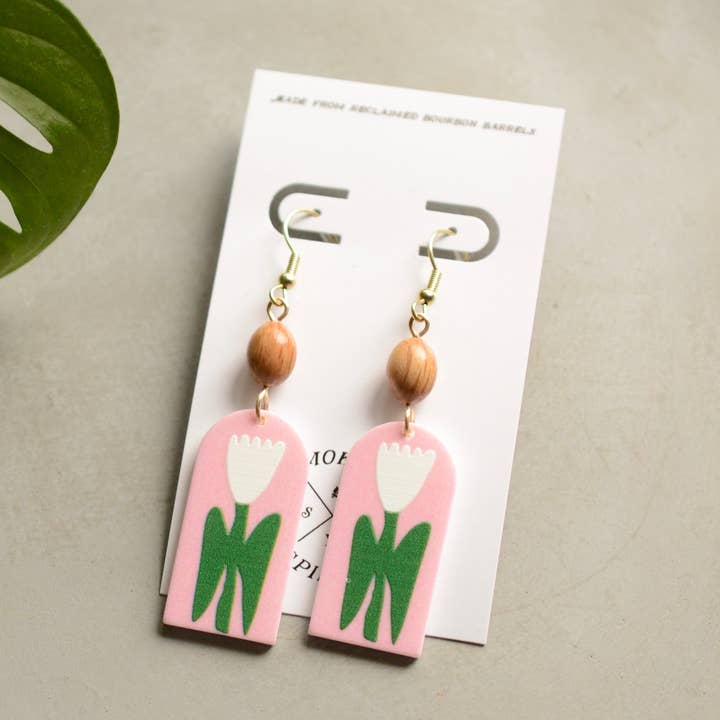 Smoke & Spirits - Wholesale Dangle Earrings - Bourbon Barrel & Modern Pink Floral Arch Earrings0