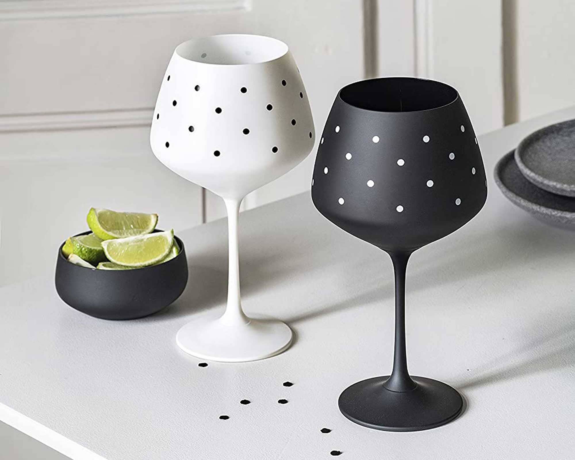 DIAMANTE – wholesale Cocktail/liquor glass – Black And White Gin Glasses -"spots & Dots" - Painted Cryst0