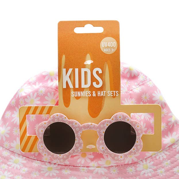 Kids Sunglasses with Bucket Hat Combo Set Flower Summer New for wholesale by Shark Eyes, Inc