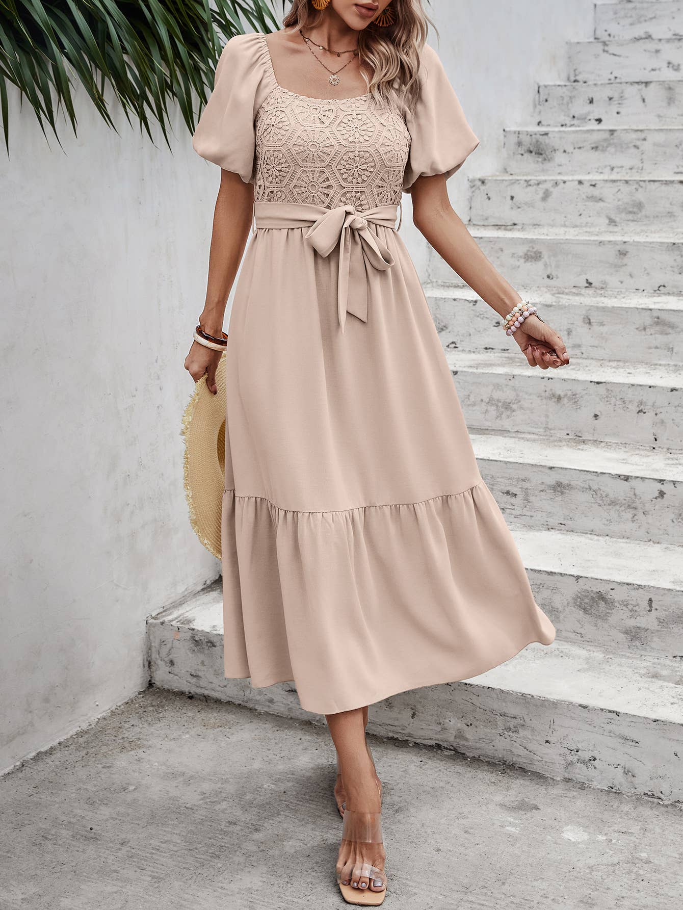 eLook - Wholesale Jurk - Dames - SZ1-DR1008 Midi-jurk met haakdetails en pofmouwen en riem6