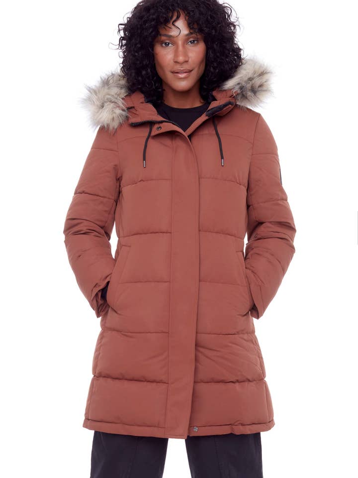 AULAVIK | WOMEN'S VEGAN DOWN (RECYCLED) MID-LENGTH HOODED PARKA COAT, MAPLE for wholesale by Alpine North CA