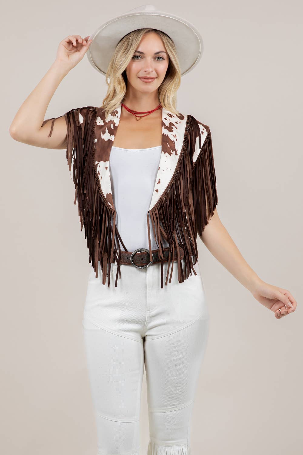 Saints & Hearts - Wholesale Outerwear Vest - Women's - SIJ5247B COW PRNT TRENDY WESTERN FRINGE SUEDE COLLAR / SHRUG4