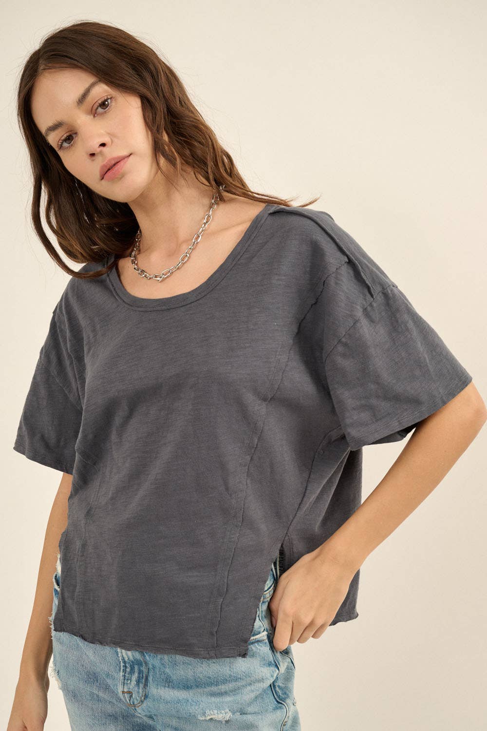 Promesa USA – Engroshandel Strikket top - Dame – Easy Fit Mineral-Wash Udsat Søm Slub Strik Tee9