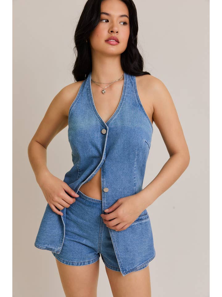 DENIM VEST-STYLE ROMPER WITH MICRO SHORTS for wholesale on Faire