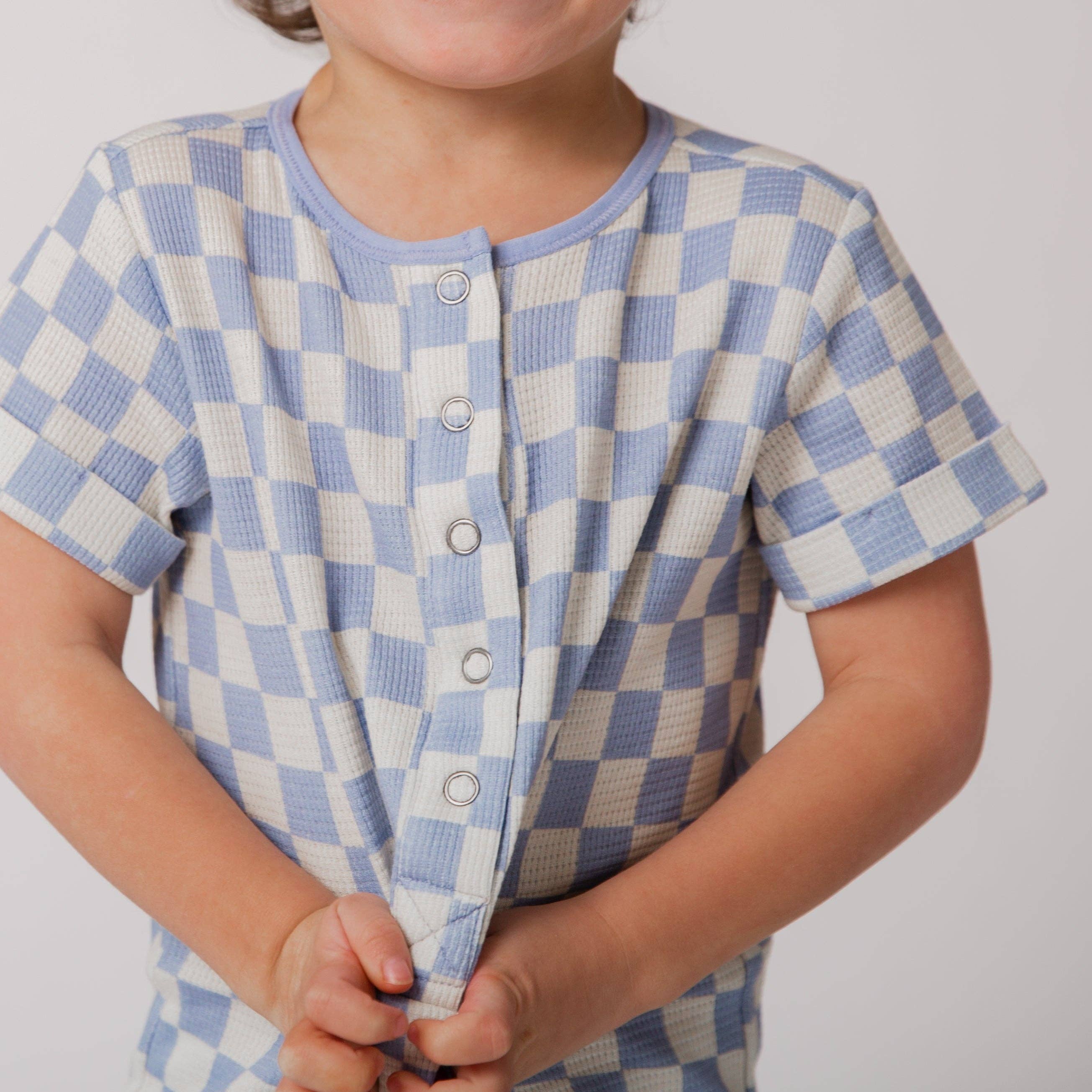 RAGS - Wholesale Jumpsuit - Baby - Rag Romper - Blue Check Waffle1