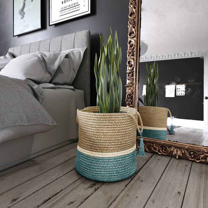 Belinda Block Storage Basket, Tan/Teal/Bleached White for wholesale on Faire