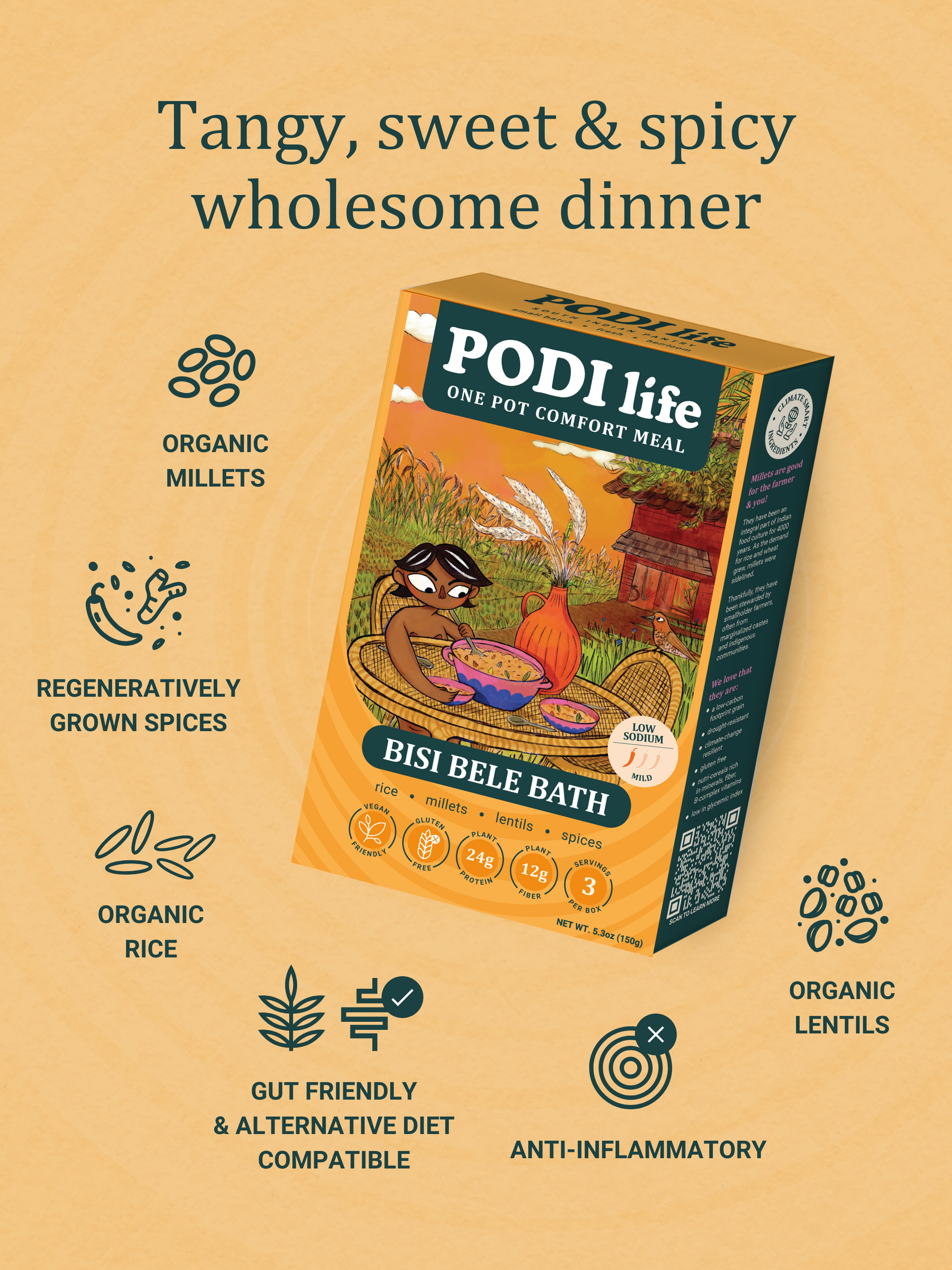 PODI life - South Indian Pantry - Wholesale Shelf Stable Prepared Meal - Bisi Bele Bath: 3 One Pot Meals/box2