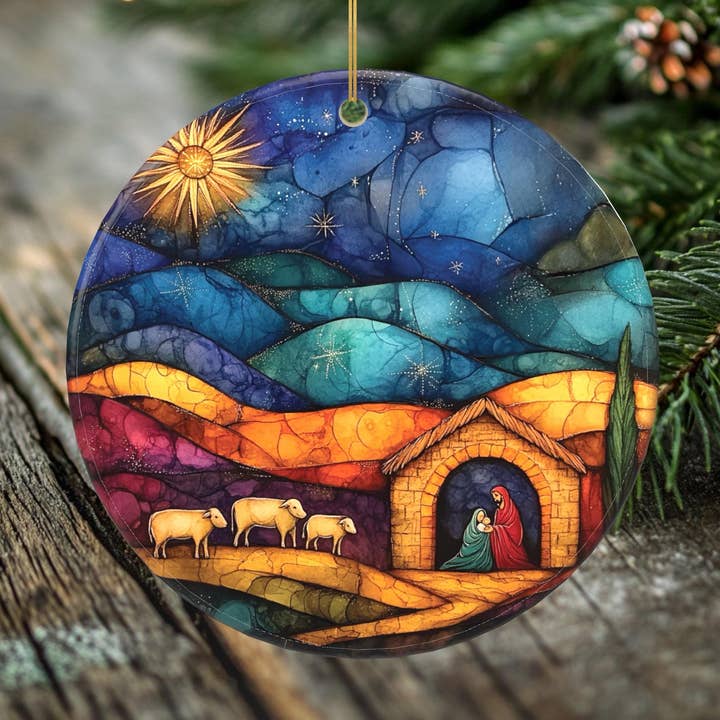 Nativity Scene Porcelain Christmas Ornament - Handcrafted Birth of Christ Decoration - 2 Sided Holiday Keepsake for wholesale by Peeping Tom's Cottage