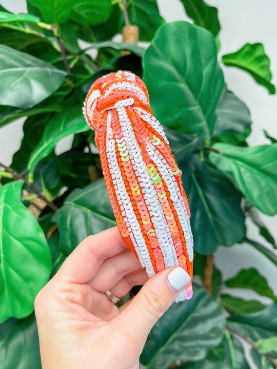 Game Day Sequin Headbands - Orange & White for wholesale by Prep Obsessed Wholesale