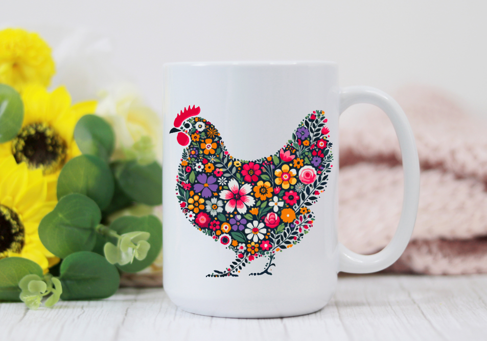Prairie Chicken Sticker Shop & Gifts - Vente Tasse à café - Tasse à café Vintage Flower Chicken 15 oz         1
