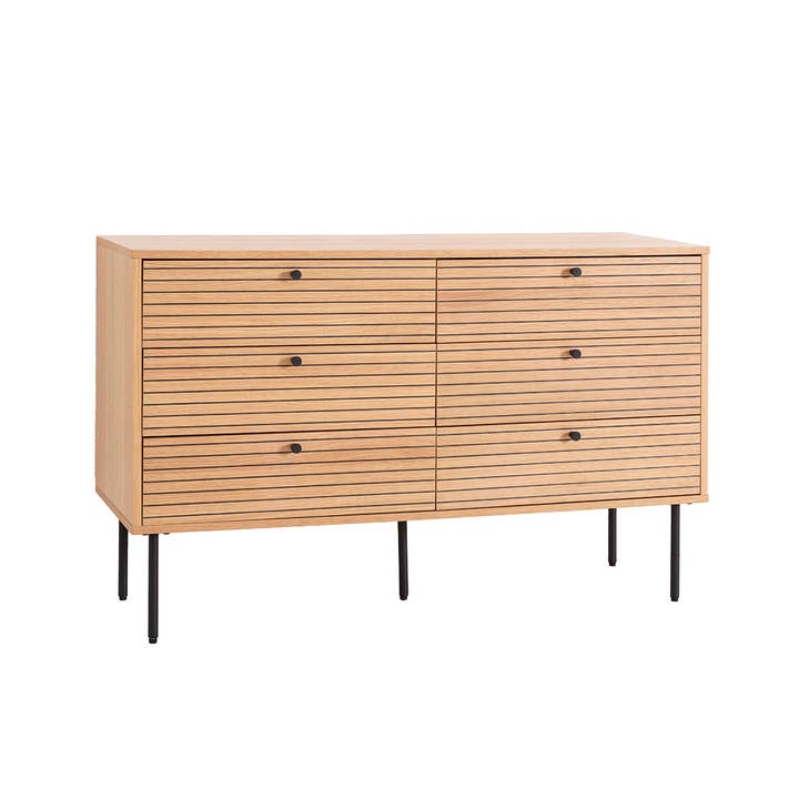 Cómoda Nela 6 Cajones, Chapa De Roble Y Dm Negro, Patas De Metal Negro. para venta al por mayor de Gdeco