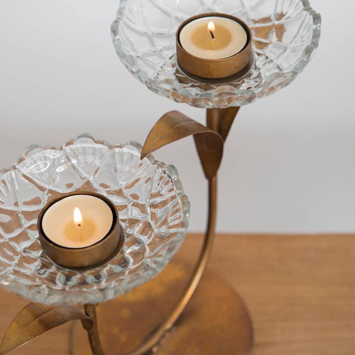 Mahe Homeware – Großhandel Kerzenhalter – Doppelter Teelichthalter aus Glas mit Blumenmotiv