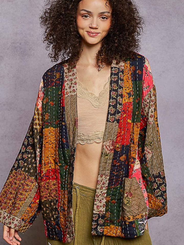 Long sleeve patchwork padded placket detail kimono jacket for wholesale by Pol Clothing